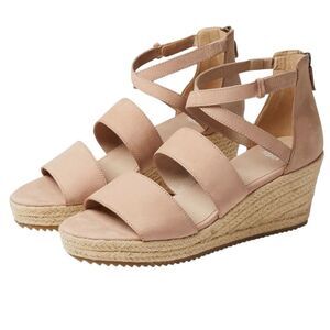NWOB SZ 9 Eileen Fisher WALI Tan Soft Leather Wedge Strappy Sandal w Back Zip Re